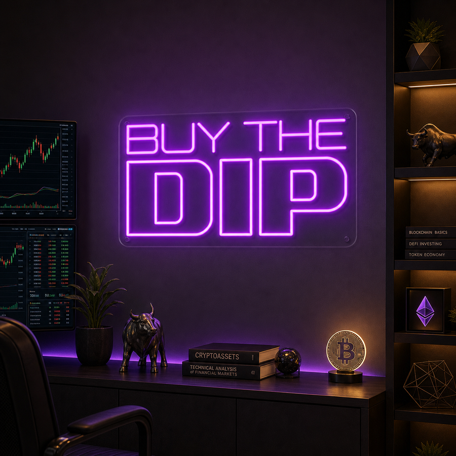 Bold blue 'Buy the Dip' neon sign glowing brightly on a textured grey office wall, featuring stylized text and a rising chart arrow graphic.