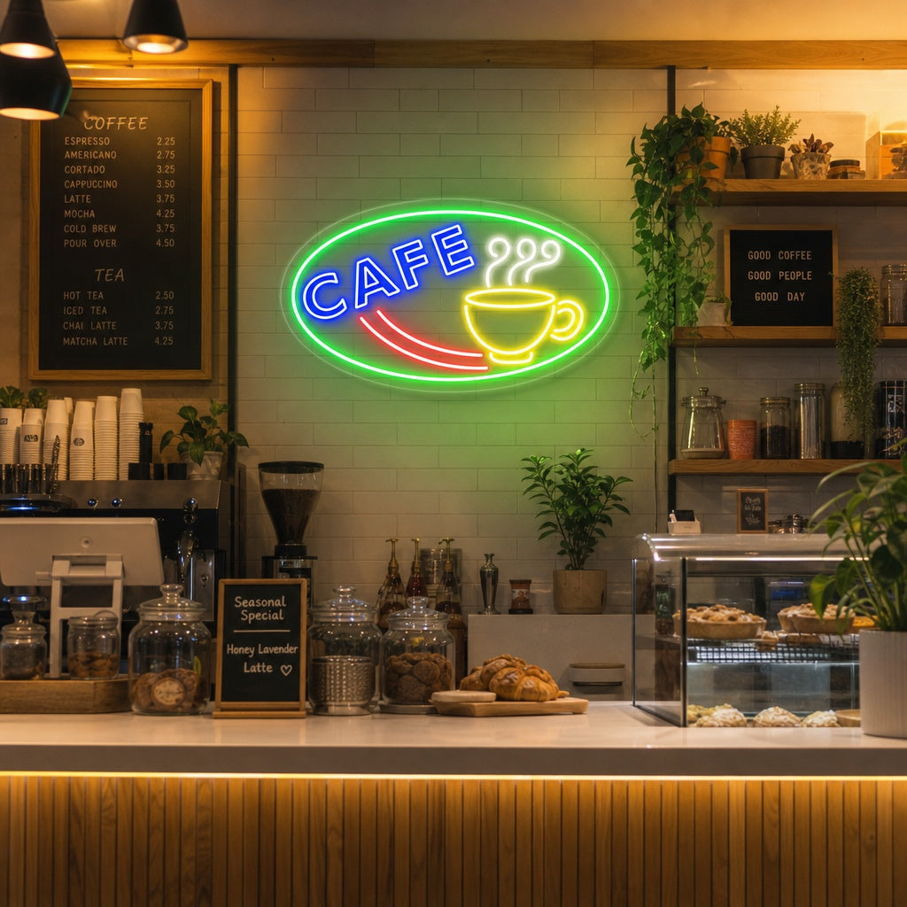 A cozy cafe setting showing a glowing 'Cafe With Coffee Mug' neon sign on the wall, illuminating the counter area.