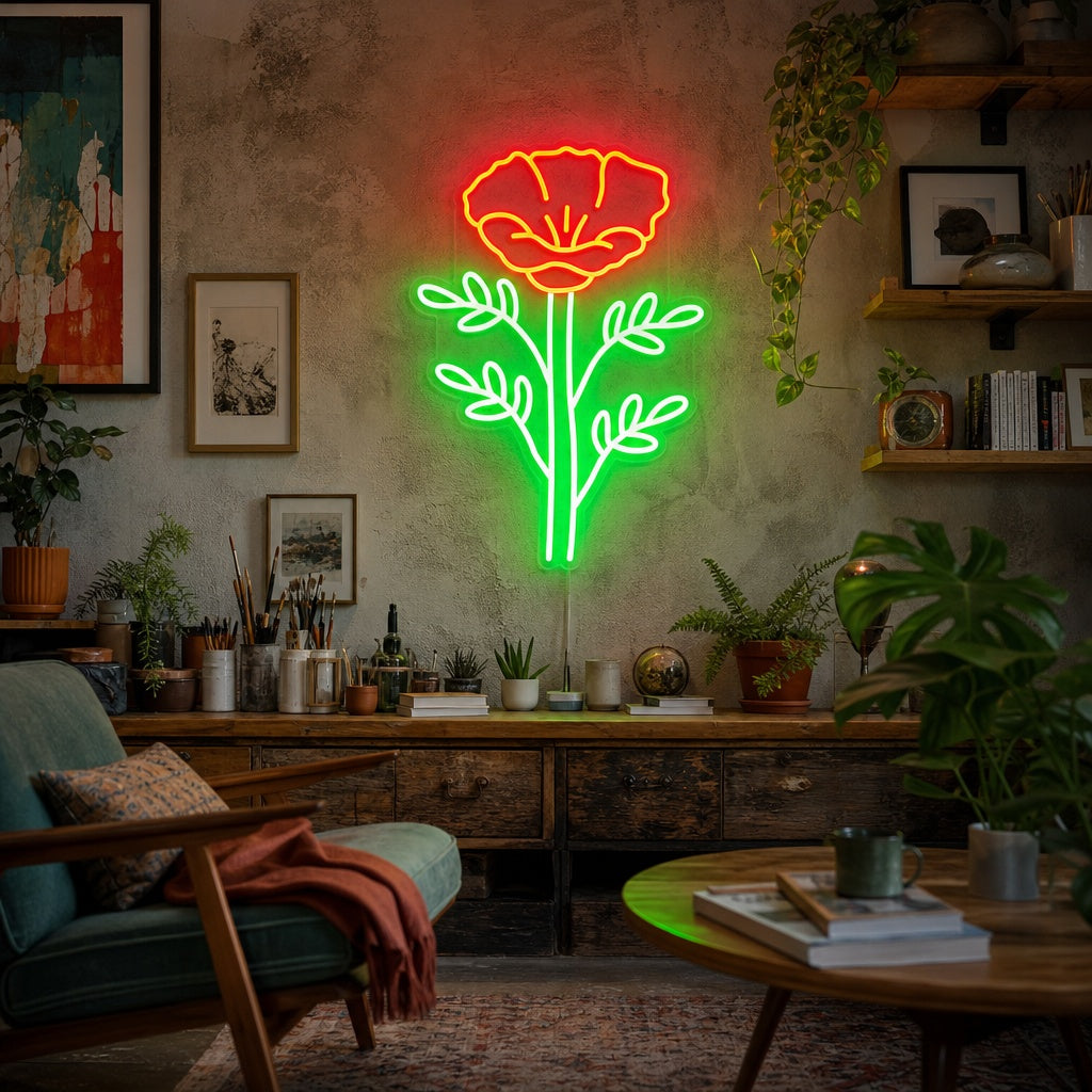 A glowing orange and green California Poppy (Papaver Rhoeas) neon sign displayed in a living room.