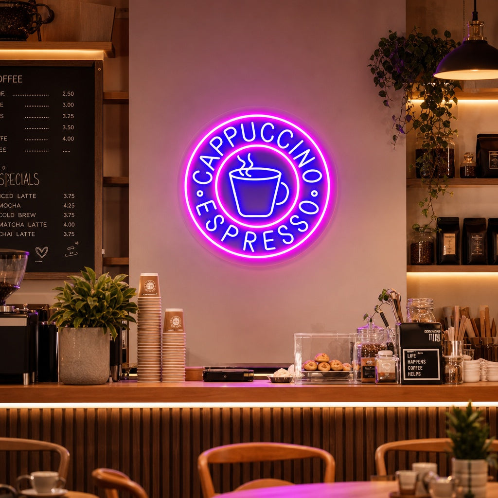 A lifestyle photo of the glowing 'Cappuccino Espresso' neon sign hanging above a rustic coffee bar setup with a barista.