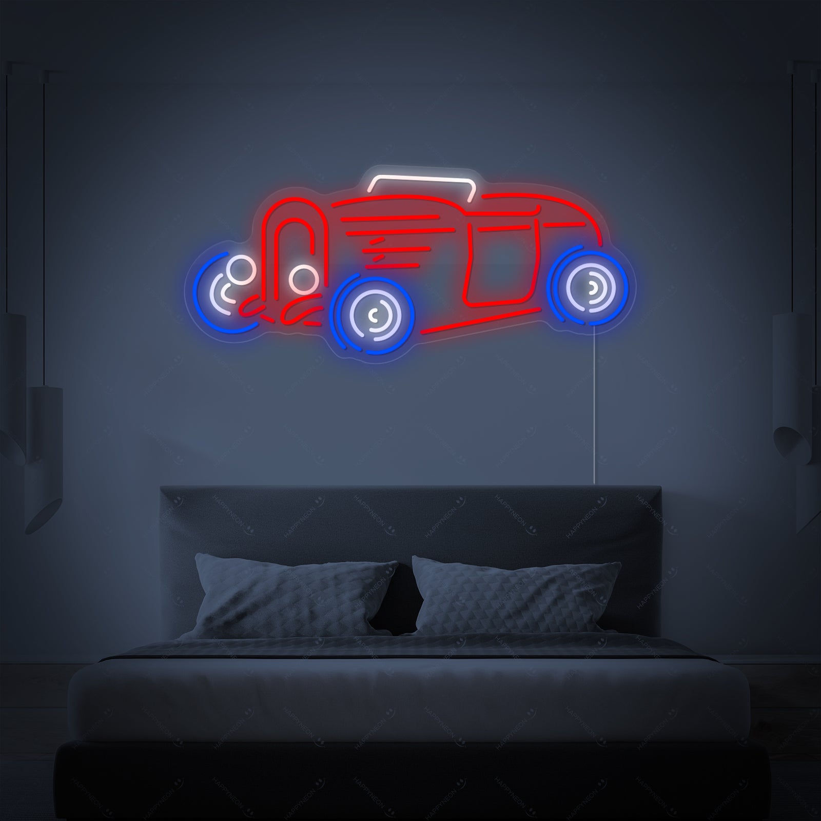 A vibrant red hot rod neon sign illuminated against a textured wall.
