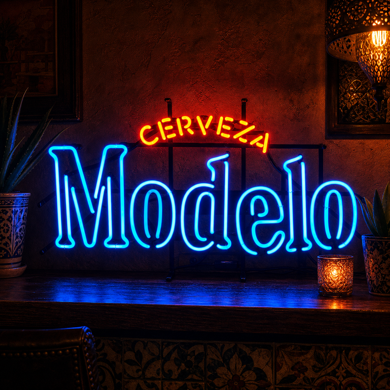 A glowing blue and white neon sign displaying the text "MODELO" in a script font above "Especial" in an oval outline, mounted on a dark textured wall and illuminated.