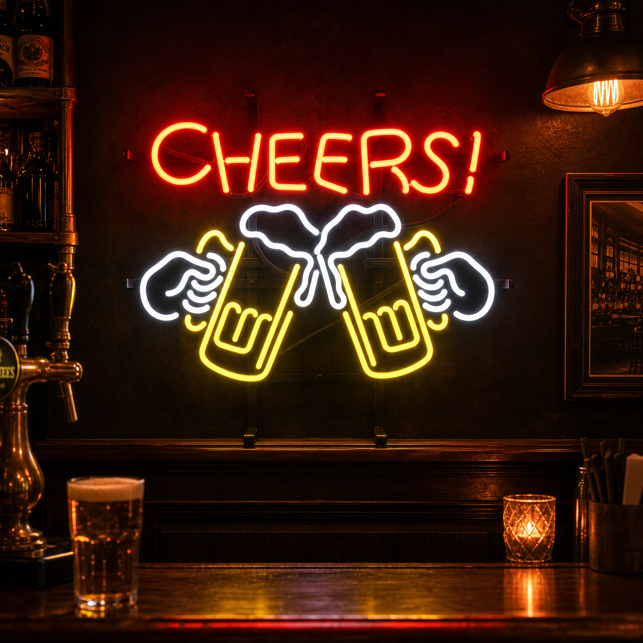 A glowing neon sign depicting a foamy mug of beer with "CHEERS!" written below it in vibrant orange light, hanging on a dark wall.