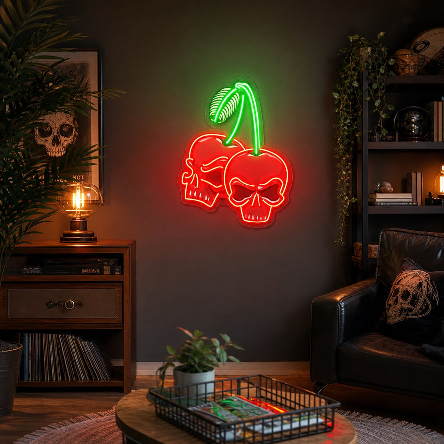 Detailed close-up of the 'Cherry Old Skull' UV printed neon sign, showing the intricate skull design and glowing cherry accents.