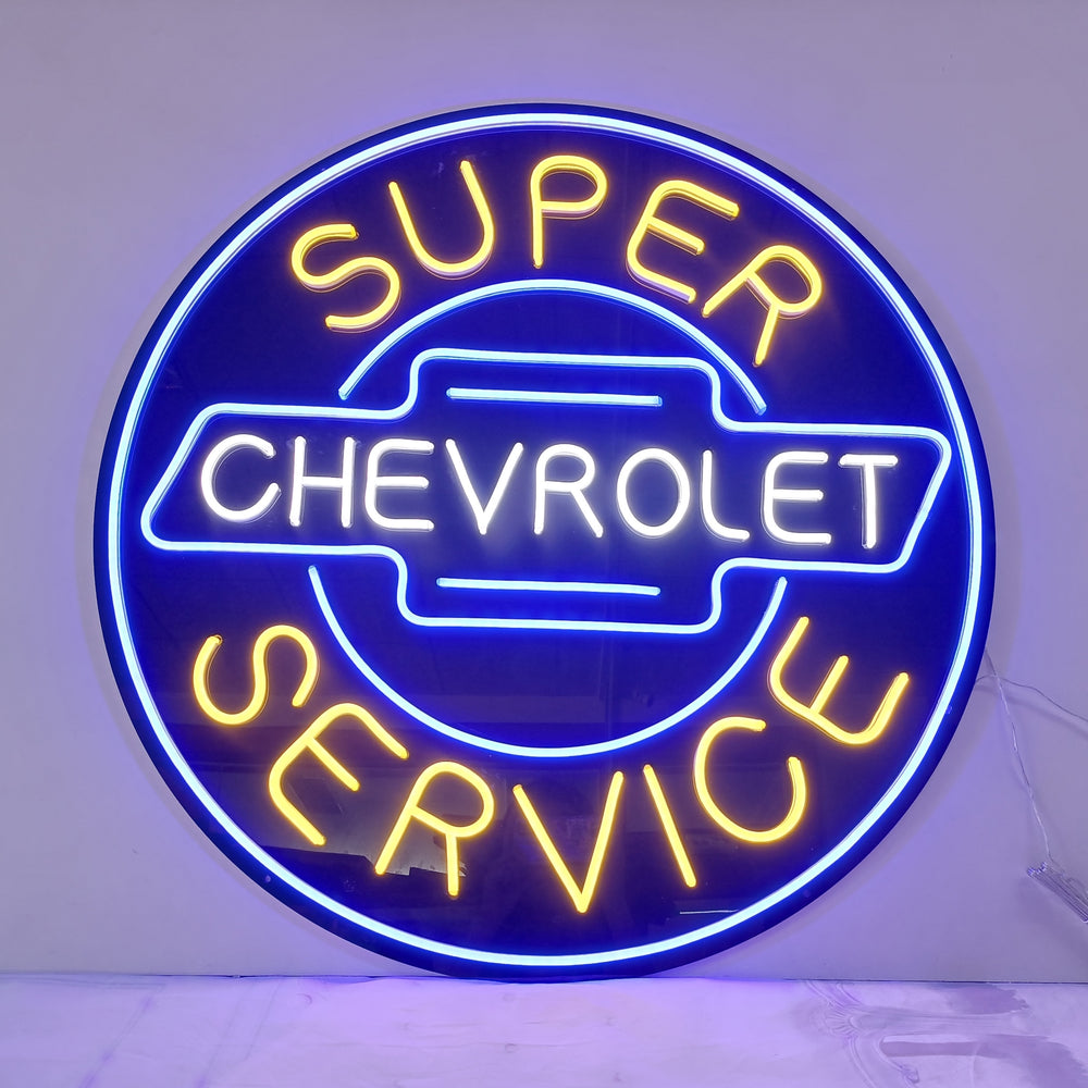 Finished Chevrolet logo neon sign glowing in blue and yellow
