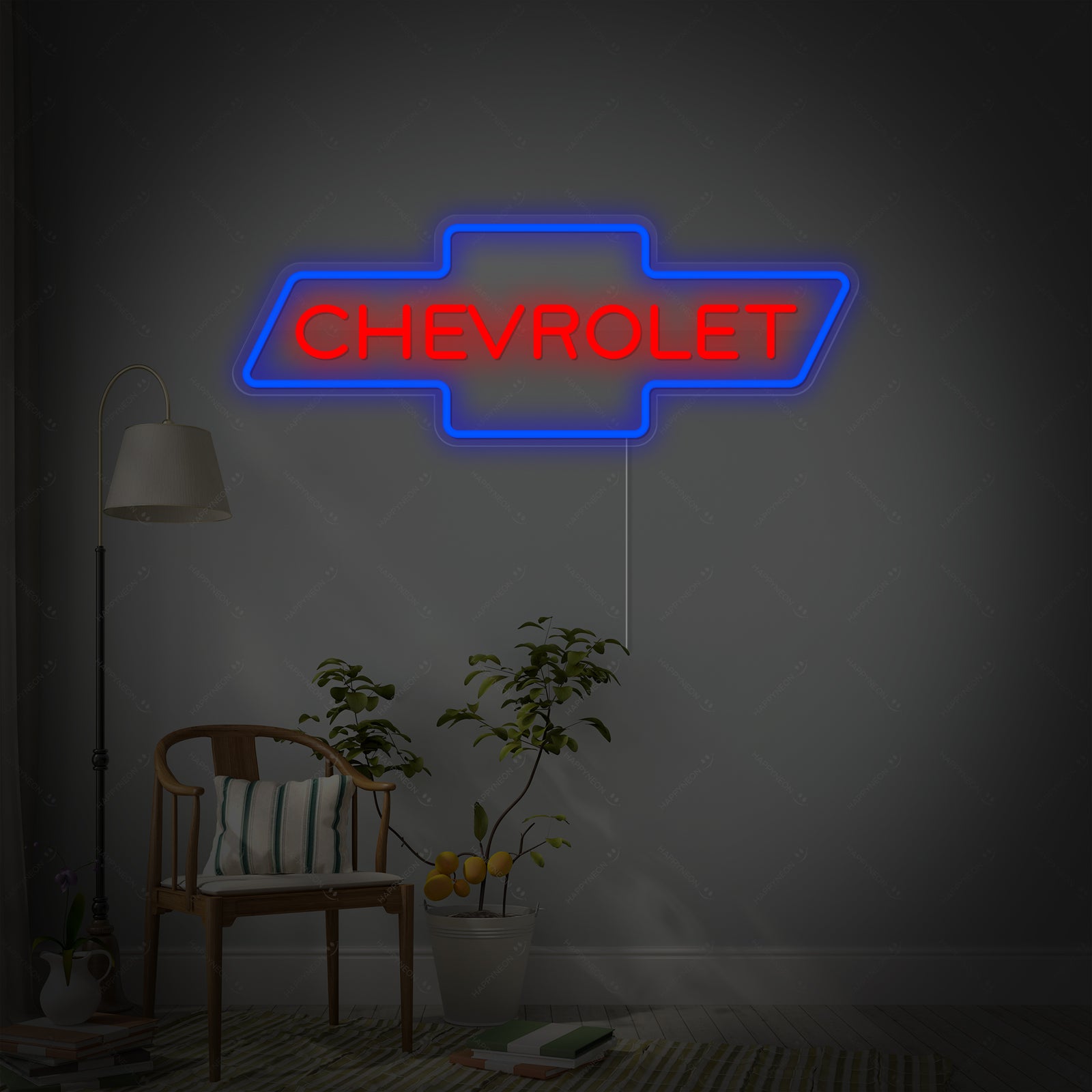 Graphic representation of the classic blue and gold Chevrolet bowtie logo rendered as a clean neon-style light on an acrylic backing.
