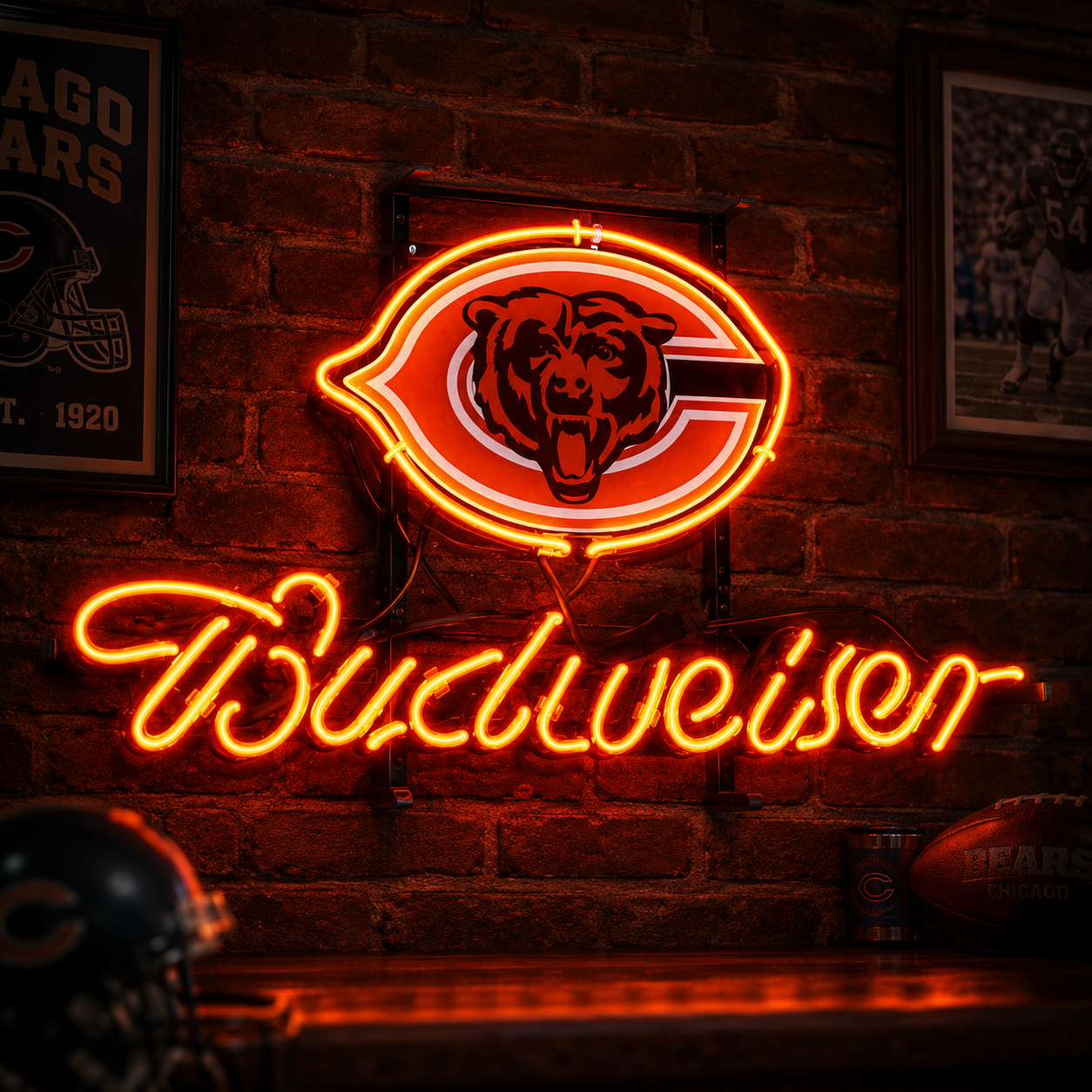 Chicago Bears and Budweiser neon sign for a home bar