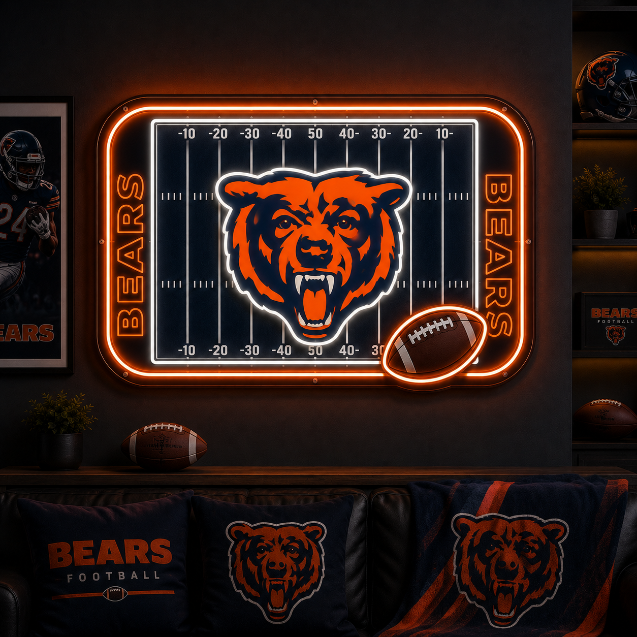 Chicago Bears football field neon sign for a basement game room