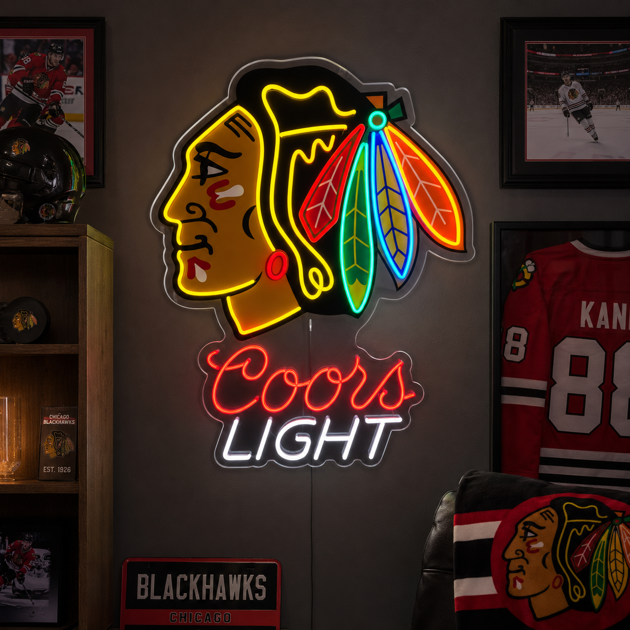 Chicago Blackhawks Coors Light neon sign for a basement bar