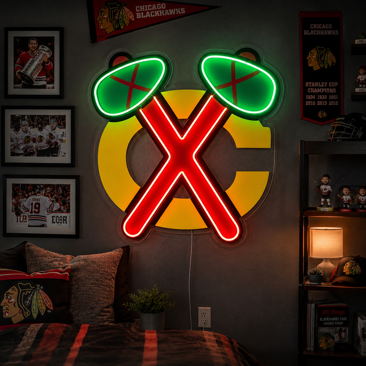 Chicago Blackhawks crossed tomahawks neon sign for a game room