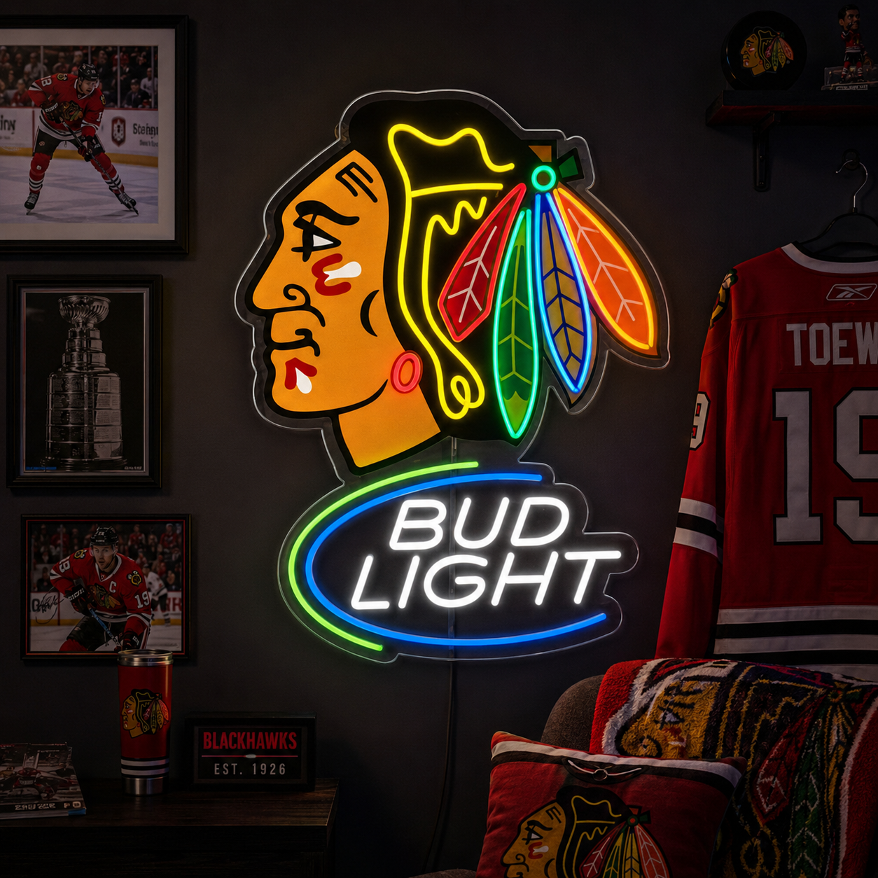Chicago Blackhawks Bud Light neon sign for a home bar