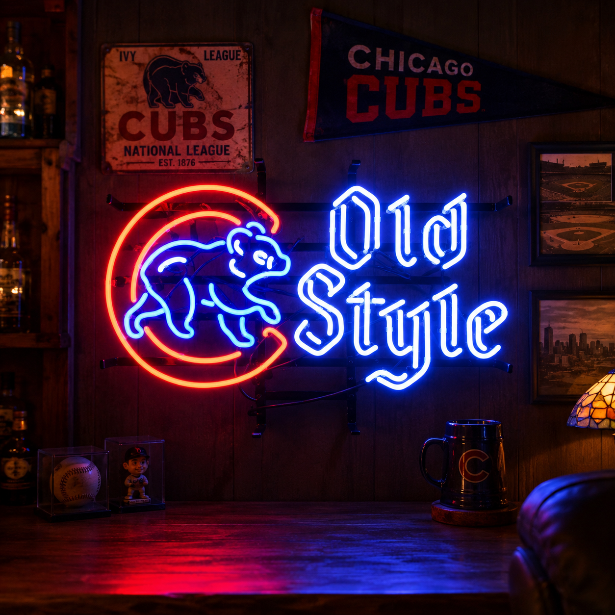 Chicago Cubs Old Style beer bear neon sign