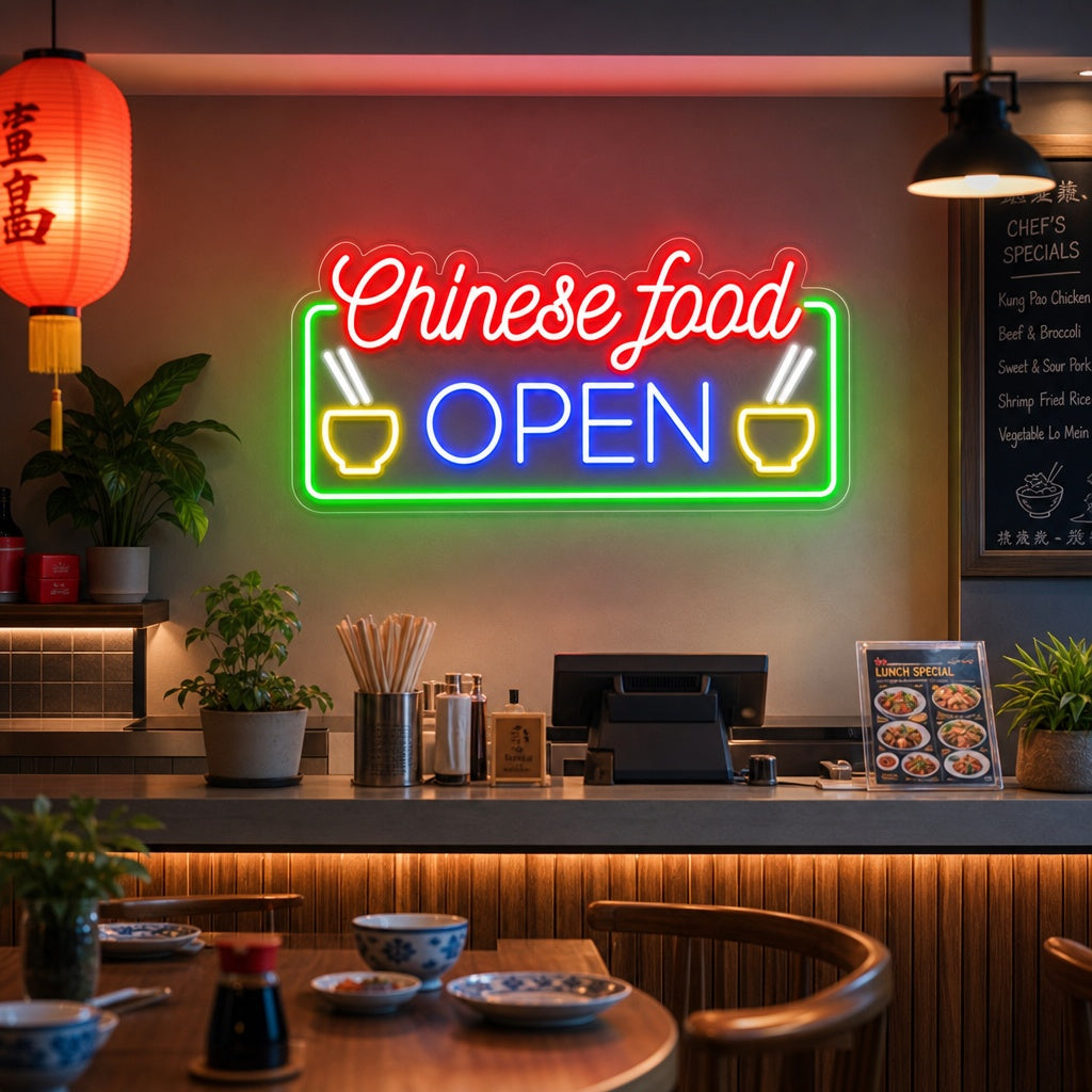 "Chinese Food Open" Neon Sign