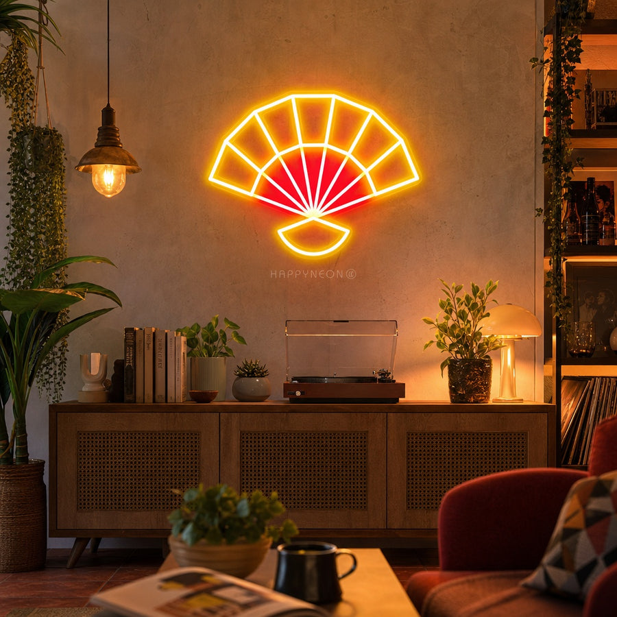 Chinese Element Fan neon sign illuminated on a textured wall in a modern living space.
