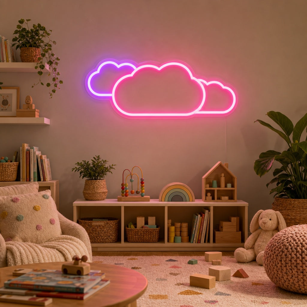 A cozy kids room decorated with the 'Cloud, Kids Room Decor' neon sign glowing softly on the wall.