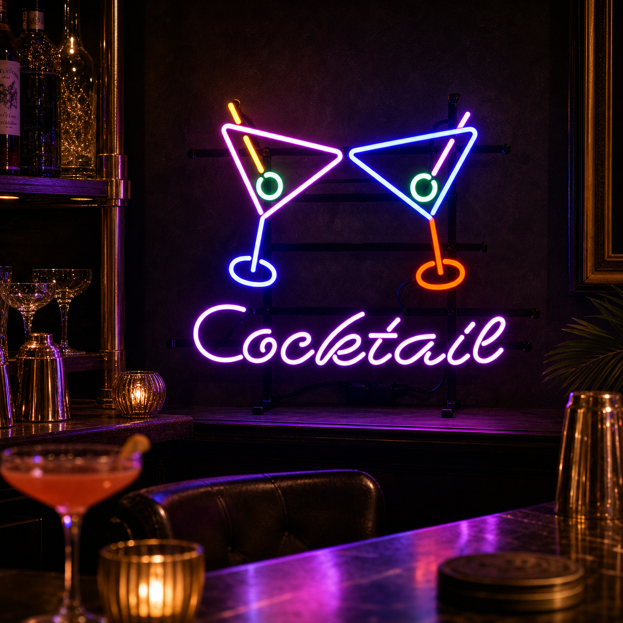 A vibrant retro neon sign displaying the text "COCKTAILS" in red letters above a glowing martini glass graphic with a lemon twist and olive.
