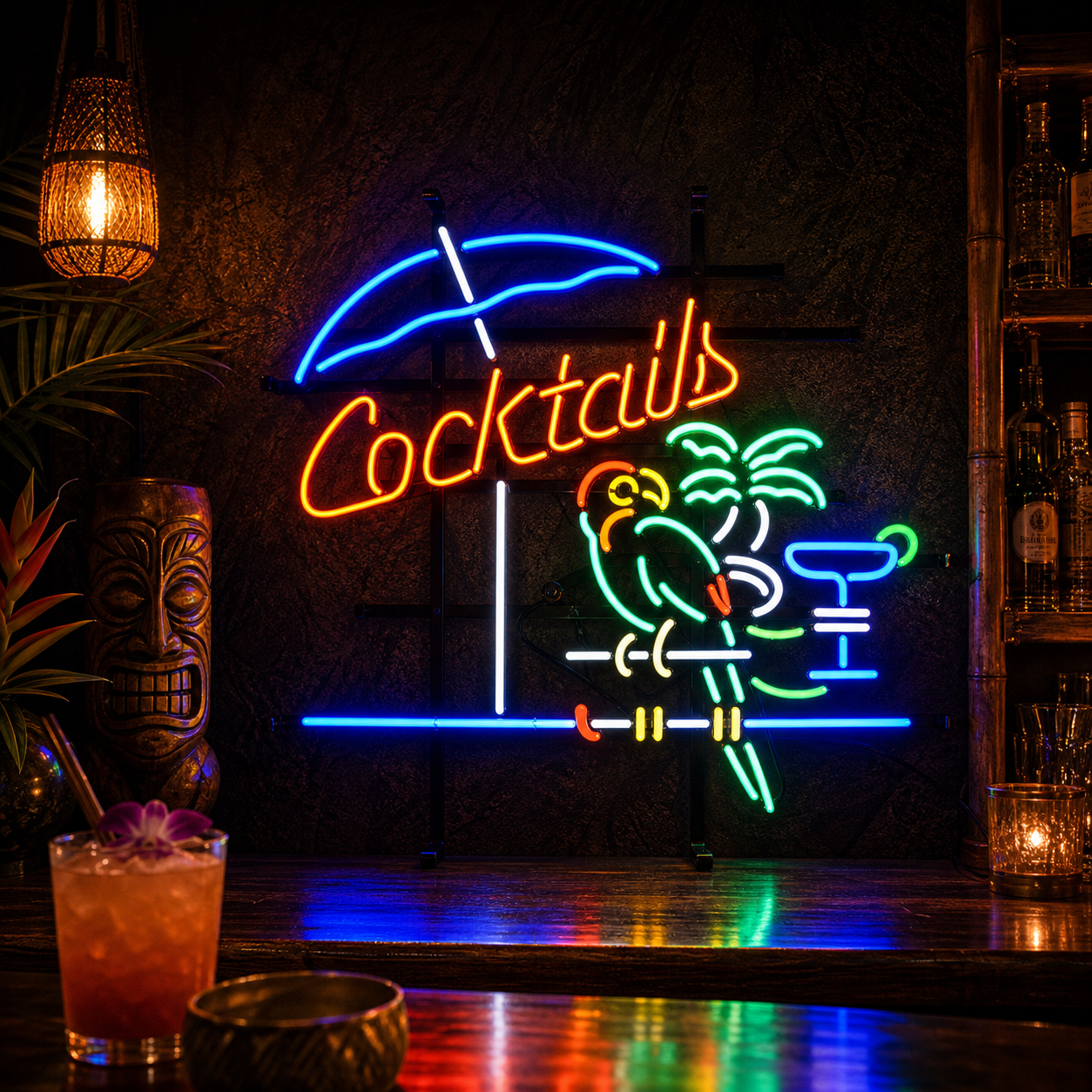 A hand-fabricated vintage neon sign depicting a parrot and the word 'Cocktails', mounted on a black grid frame against a rustic wall.