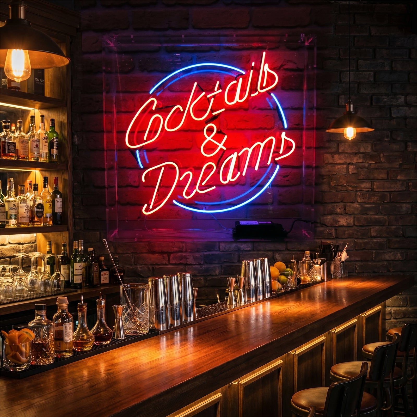 A real photograph of a completed Cocktails and Dreams neon sign glowing on a simple surface, showing the craftsmanship.