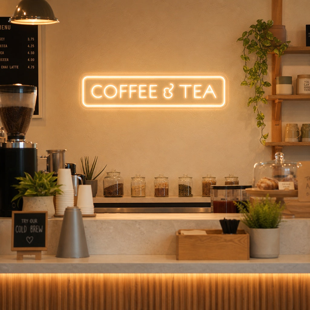 Glowing red 'Coffee & Tea' neon sign styled with warm, ambient lighting above a home or café coffee bar with shelves and a coffee machine.