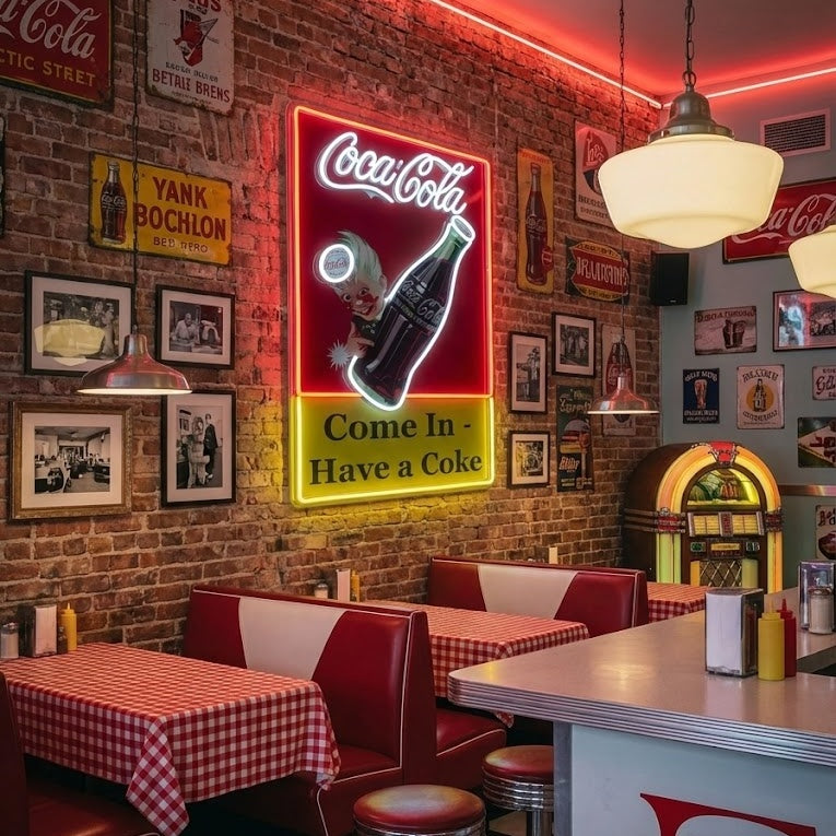 A close-up photograph of a physical 'Come In Have A Coke' UV print neon sign displayed in a diner setting, showing physical neon tubing details and background environment.
