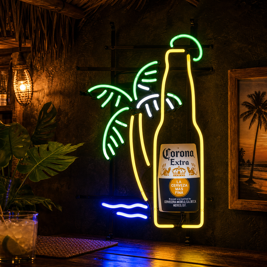 A glowing blue and yellow neon sign on a black grid background depicting a palm tree where the trunk is shaped like a beer bottle.