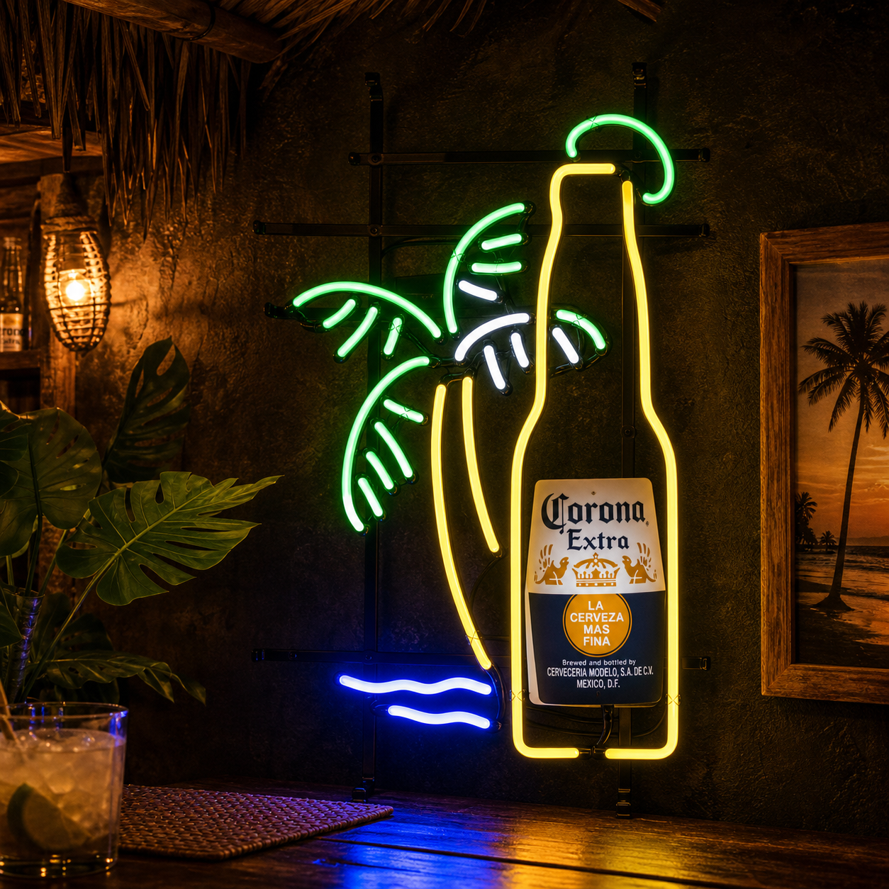 A glowing blue and yellow neon sign on a black grid background depicting a palm tree where the trunk is shaped like a beer bottle.