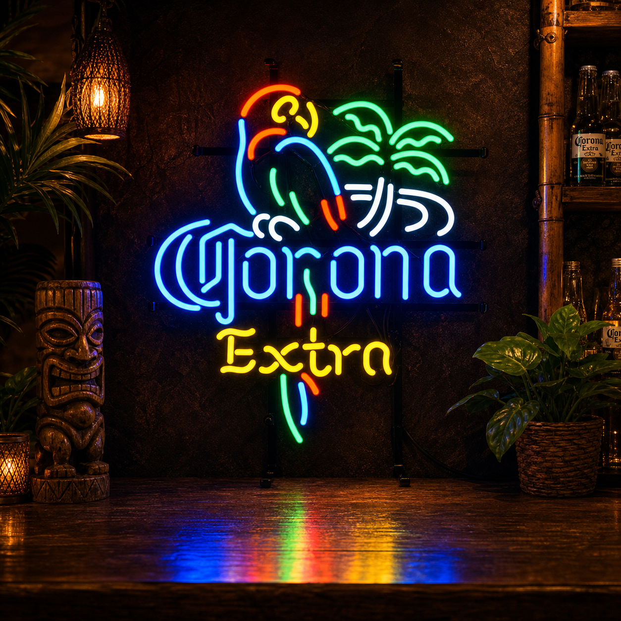 A vintage-style neon sign featuring a green and red parrot perched on a blue palm tree above a glowing blue pint glass of beer, set against a dark, industrial background.