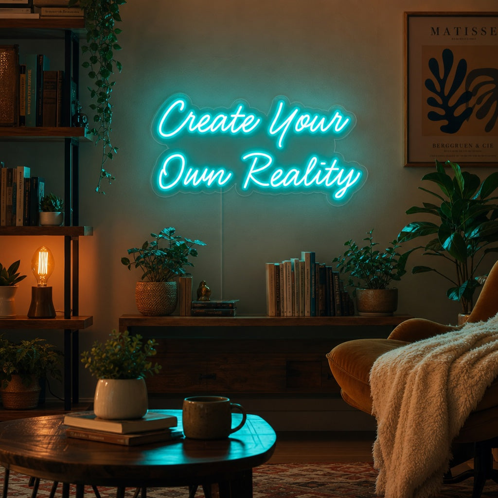 A glowing 'Create Your Own Reality' cursive neon sign mounted on a textured living room wall above a sofa.