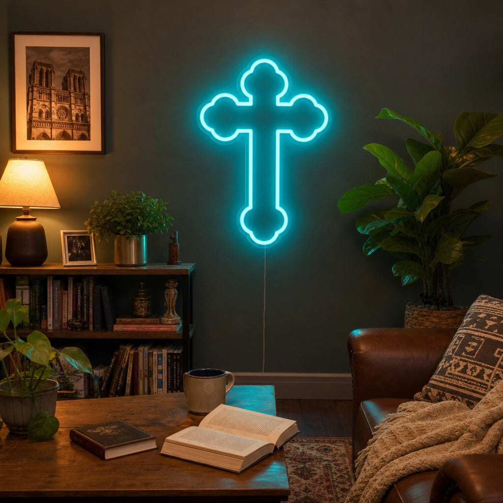 A stylish 'Cross Crucifix Jesus' neon sign glowing softly on a modern apartment wall, creating a serene and inspirational ambiance.