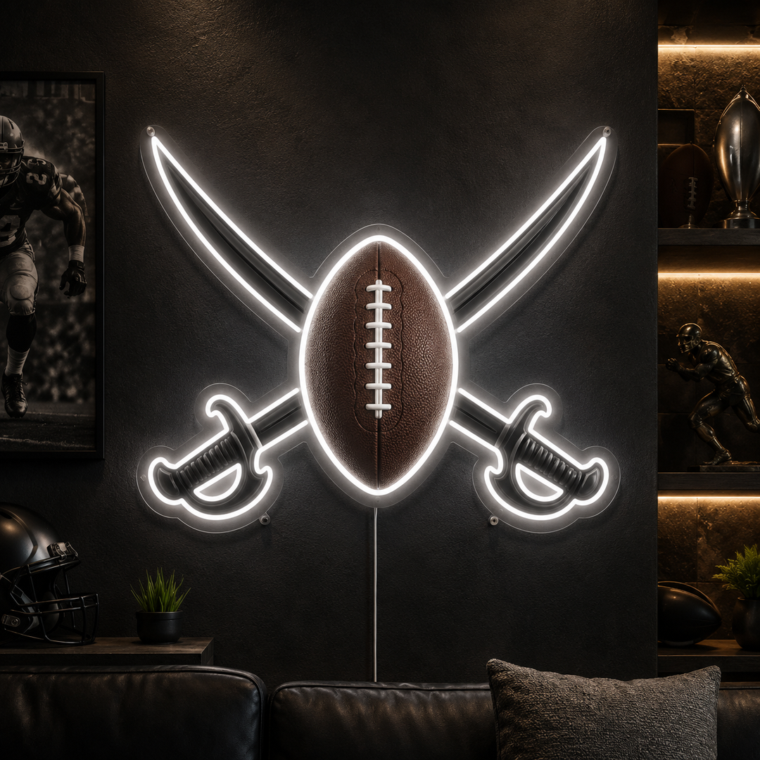 Crossed Sabers Football Game Day Fan Cave Neon Sign