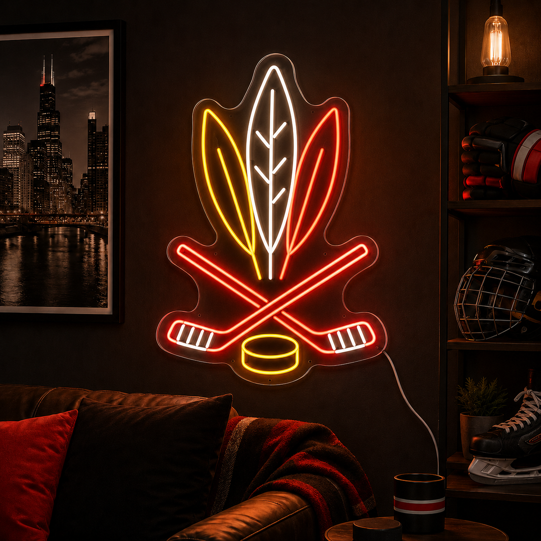 Crossed Sticks Feather Hockey Fan Cave Neon Sign