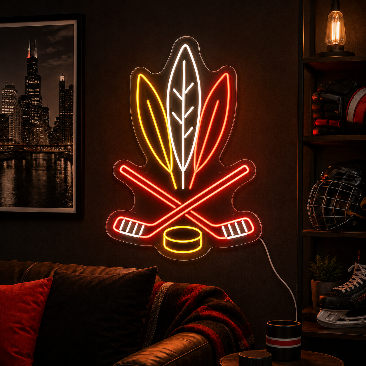 Chicago hockey feathers and crossed sticks neon sign for a fan cave