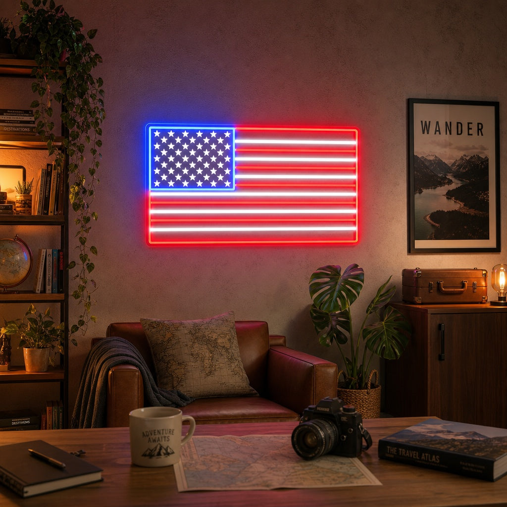 A glowing USA flag UV printed neon sign with realistic tubing on a clear acrylic backing, displayed on a wall in a perfectly staged living space.