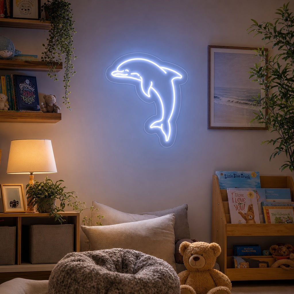 Cute blue dolphin neon sign glowing against a textured dark background