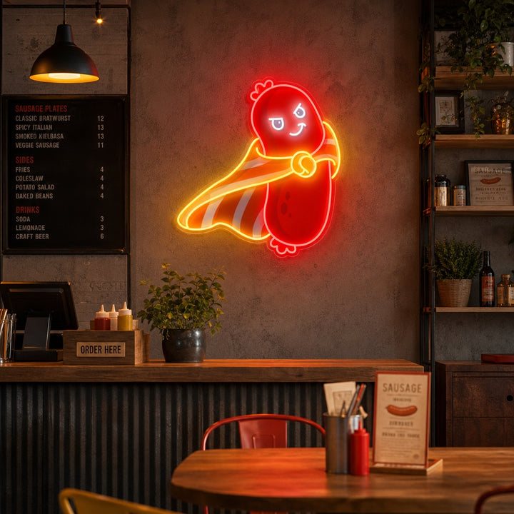 A vibrant UV print neon sign showing a cute superhero sausage character against a blurred interior wall.