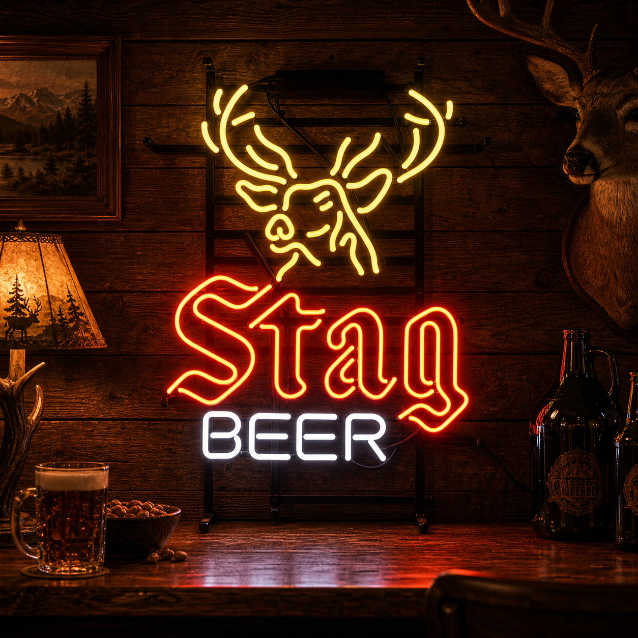 A photographed real, traditional neon sign of the "Deer Stag Beer" design, featuring warm glowing orange neon tubes bent to form a stag's head and text, mounted on a dark metal frame with an visible transformer box at the top, against a dark rustic background.
