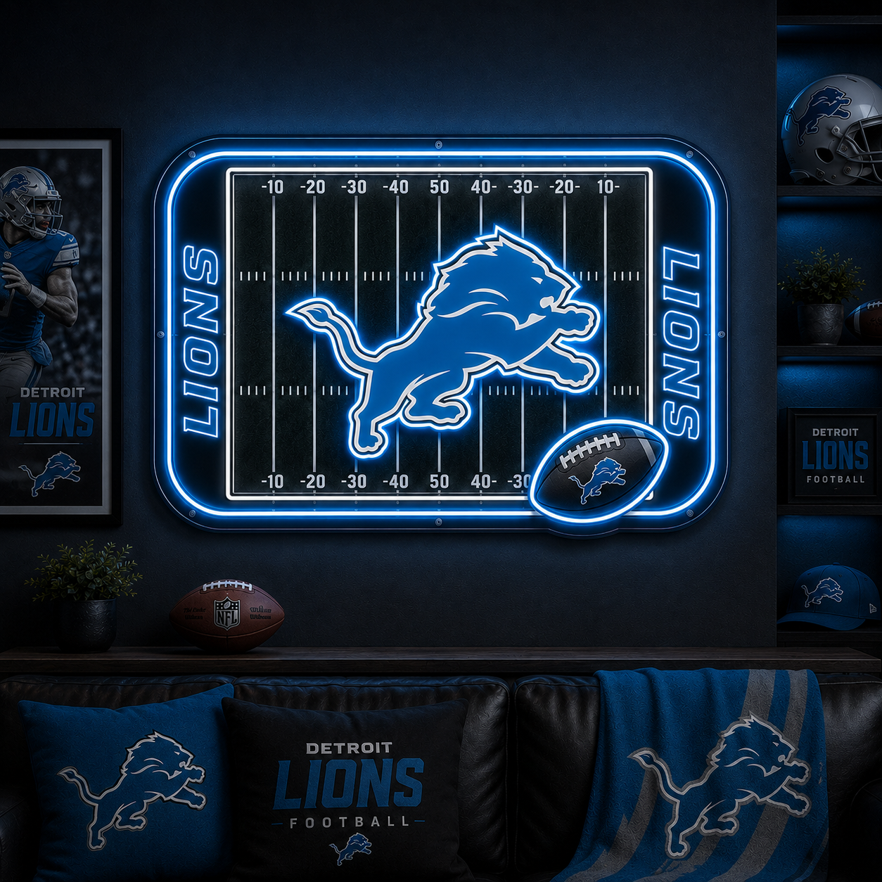 Detroit Lions football field neon sign for a basement fan room