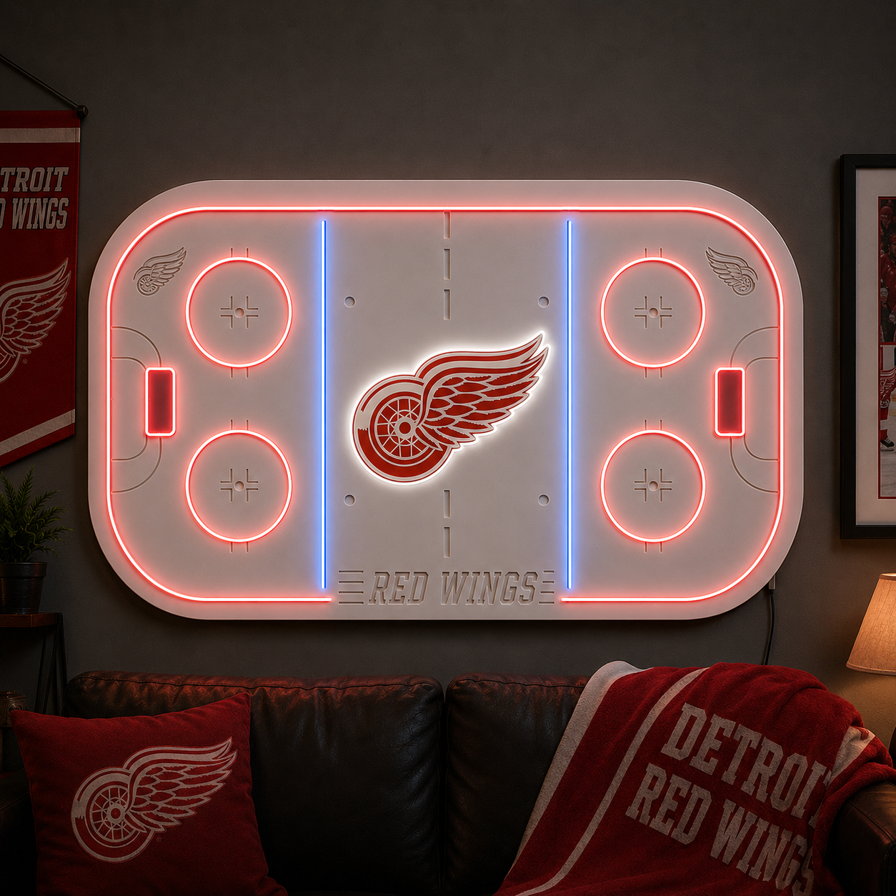 Detroit Red Wings hockey rink neon sign for a large game-room wall