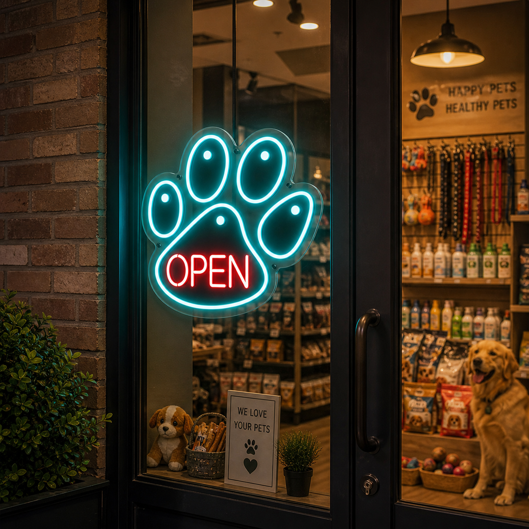 "Dog Open" Neon Sign with glowing paw print and "Open" text