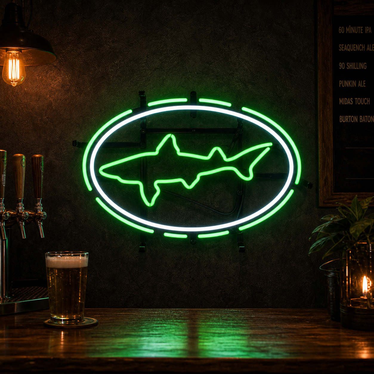 Lit Dogfish Head logo neon sign with green, blue, and orange tubing on a dark background.