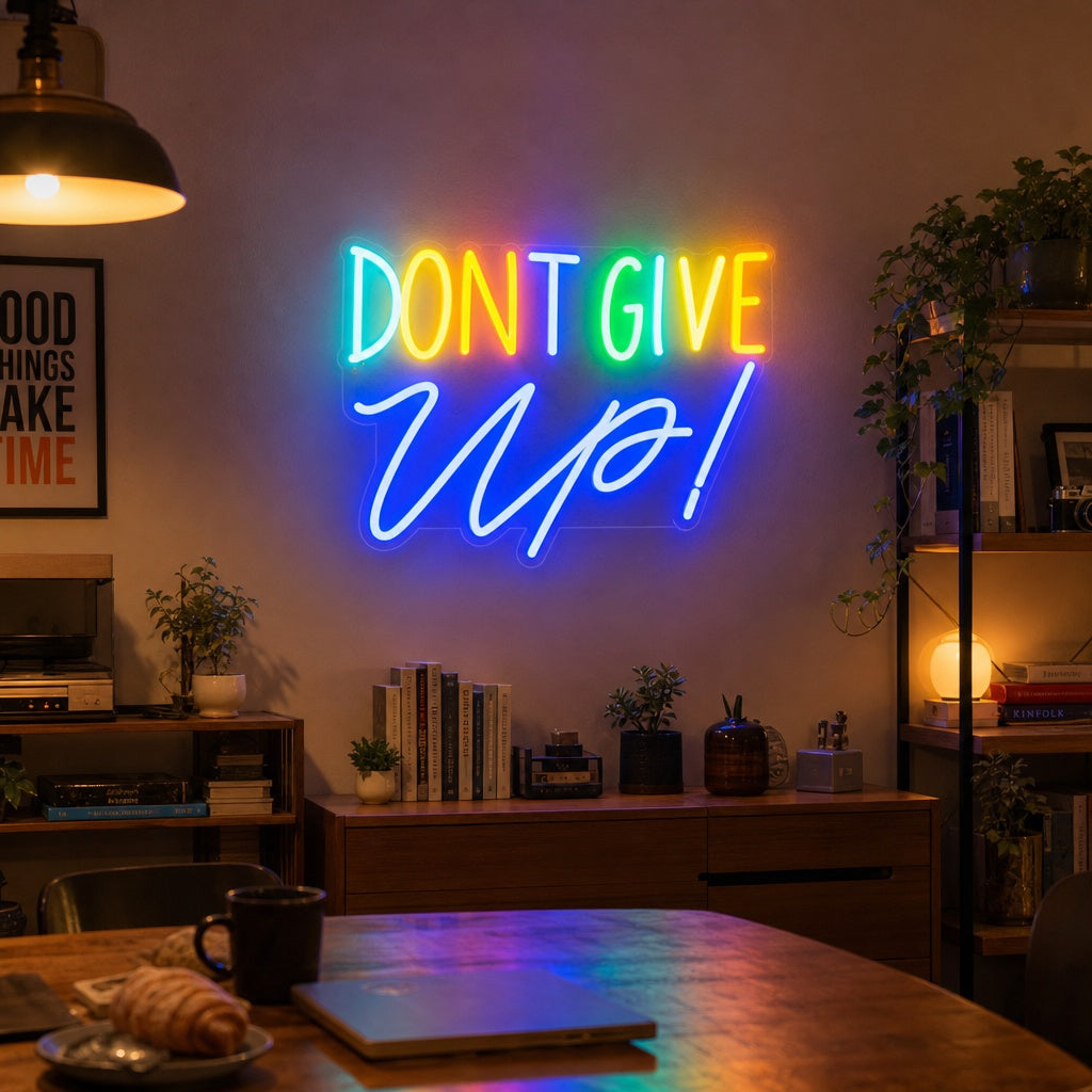 'Dont Give Up' motivational neon sign glowing on a textured office wall.