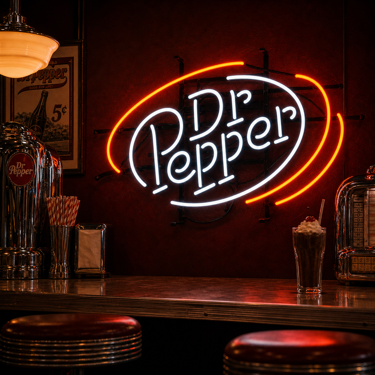 A Pepper Beer Bar neon sign, displaying the official logo with 'Pepper' in stylized red letters above 'BEER' in yellow, and 'BAR' in white, mounted on a rustic wooden wall above a bar area with glasses and stools.