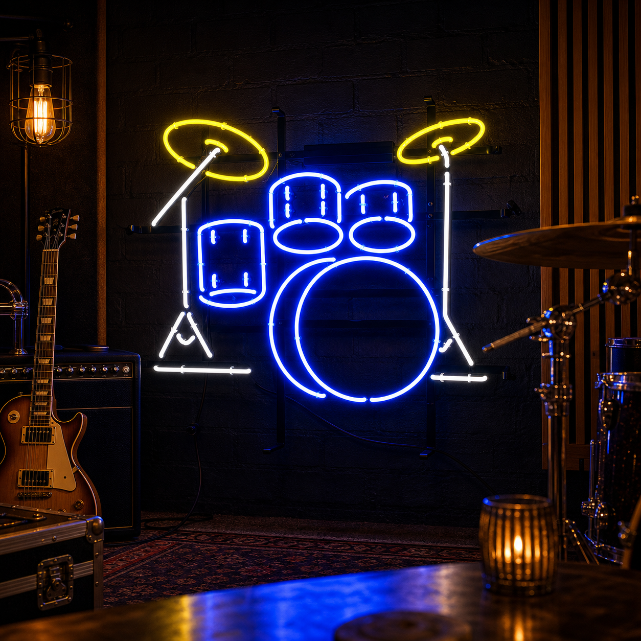 A glowing blue and red neon sign depicting a detailed drum set on a black grid background.