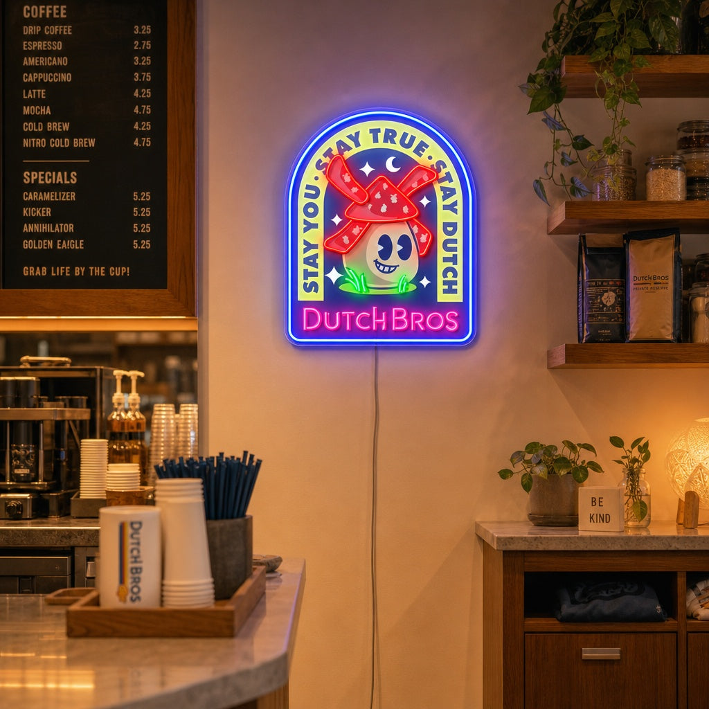 Detailed graphic rendering of the Dutch Coffee UV Print Neon Sign design against a stylized background.