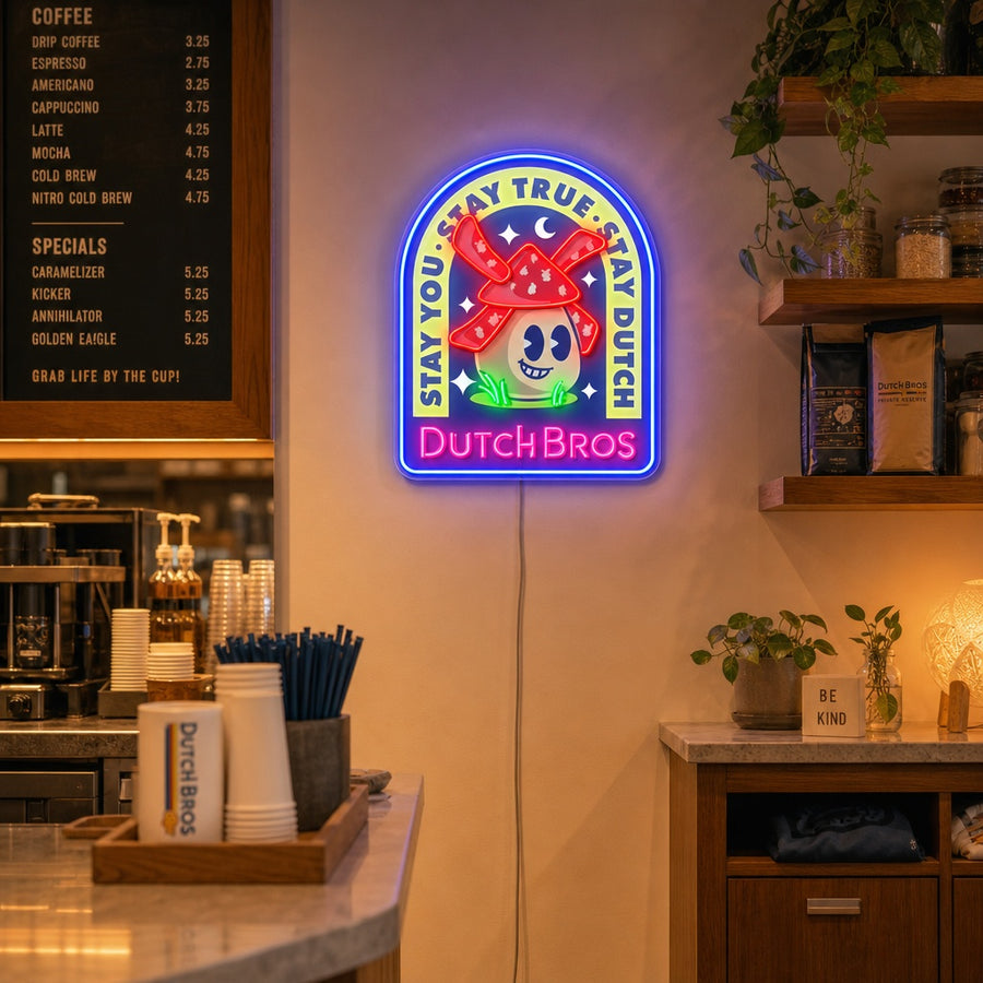 Detailed graphic rendering of the Dutch Coffee UV Print Neon Sign design against a stylized background.