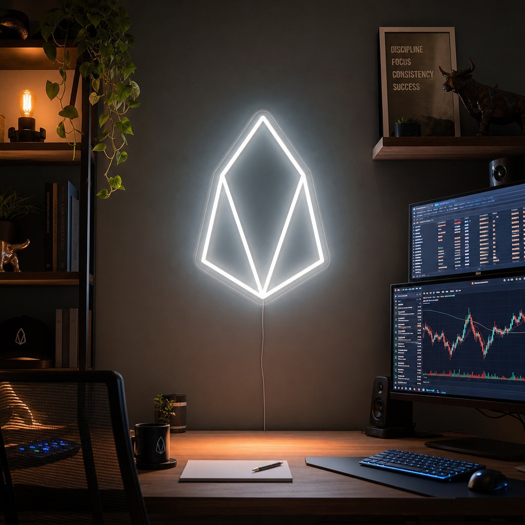 Illuminated EOS Coin neon sign displaying the EOS logo and name, mounted on a textured wall in a home office setting.