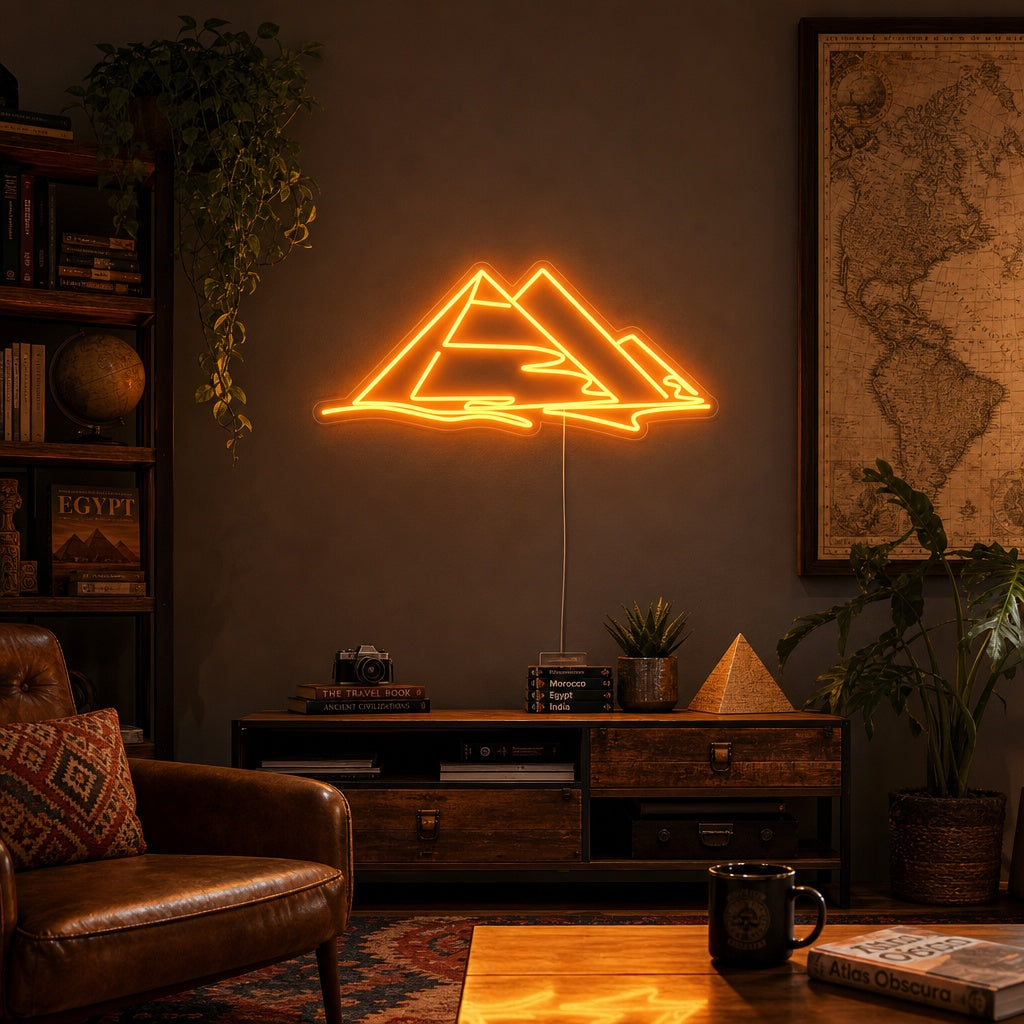 A lifestyle photograph of the glowing Egypt Pyramids neon sign mounted on a dark textured wall in a modern living room setting.