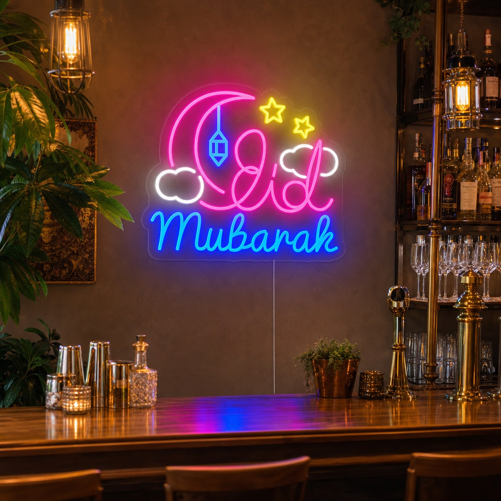 A lifestyle photo showing an glowing 'Eid Mubarak' neon sign hanging above a decorated mantlepiece in a modern living room setting.