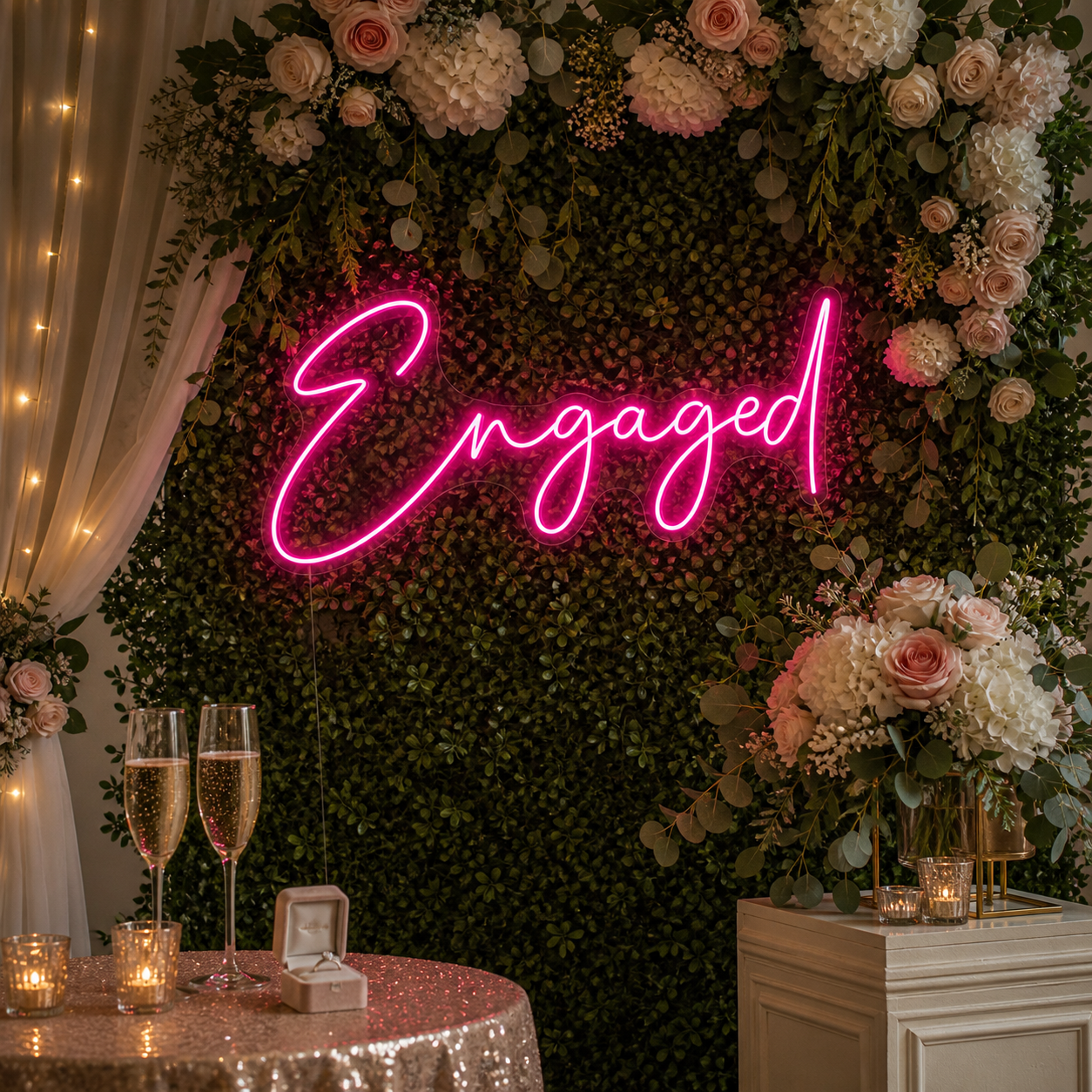A candid lifestyle photo of a newly engaged couple smiling in front of an 'Engaged' neon sign, surrounded by flowers at an outdoor party.