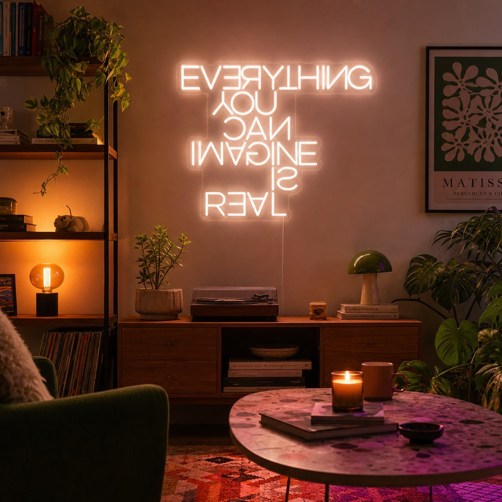A glowing blue neon sign displaying the quote 'Everything You Can Imagine Is Real' in a script font, illuminating a modern room.
